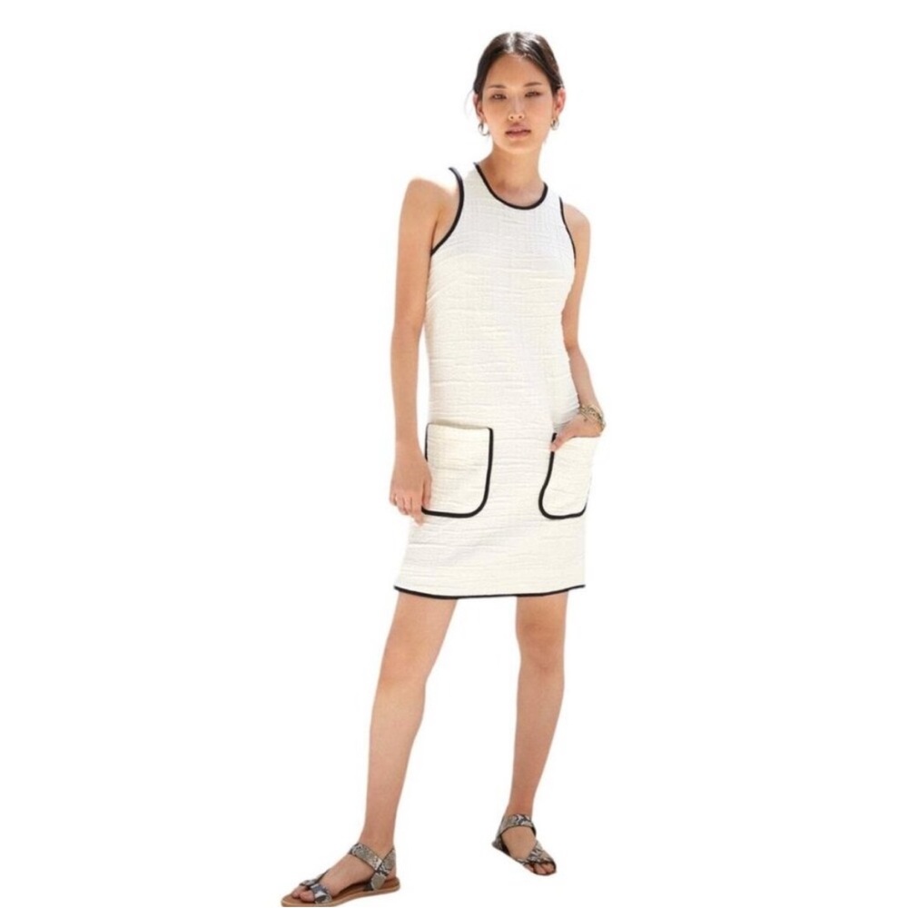 Anthropologie Dress Women Medium White Black Textured Patch Pocket Boho Mod Twee